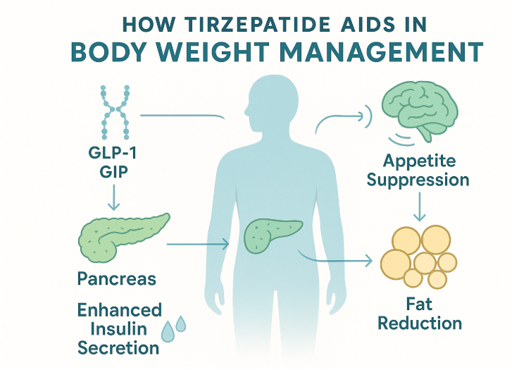 Educational infographic showing how Tirzepatide assists weight management with a human silhouette, arrows connecting pancreas, brain, and adipose tissue, and icons illustrating GLP-1, GIP, insulin, and appetite signaling. Text labels indicate appetite suppression, enhanced insulin secretion, and fat reduction on a clean, minimalist background.