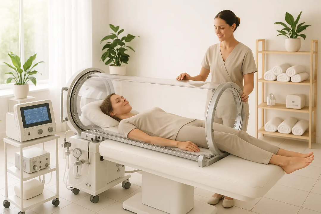 A supportive technician assists a relaxed client inside a transparent hyperbaric oxygen chamber in a bright, serene wellness center room with digital controls, medical equipment, and clean white tile floor, illustrating a professional yet calming atmosphere for hyperbaric therapy.