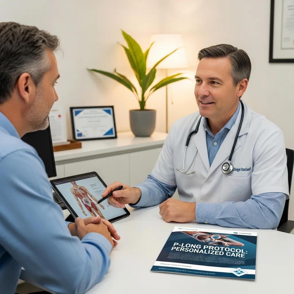 Doctor discussing the P-Long protocol with a patient, featuring a tablet displaying anatomical details and a brochure titled "P-Long Protocol: Personalized Care" on the table, in a consultation setting at Thrive Medicine Clinic.