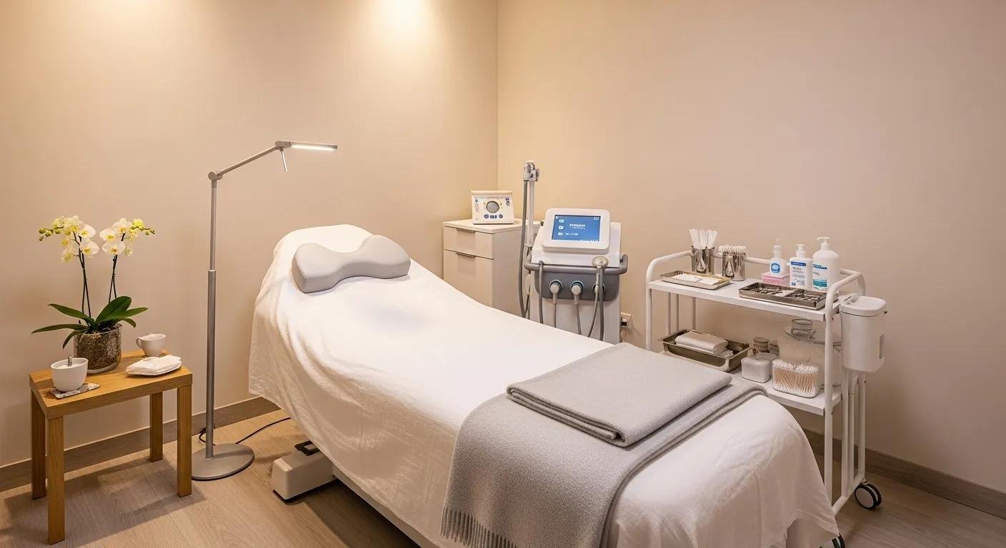 Treatment room at Thrive Medicine Clinic featuring a treatment bed, medical devices for non-invasive penile enhancement, and a calming decor, highlighting the clinic's focus on male vitality and regenerative therapies.