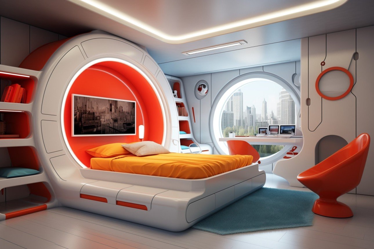 Futuristic bedroom featuring a circular bed with orange bedding, modern shelving, and a panoramic window showcasing a city skyline, emphasizing a wellness-oriented design suitable for relaxation and recovery.